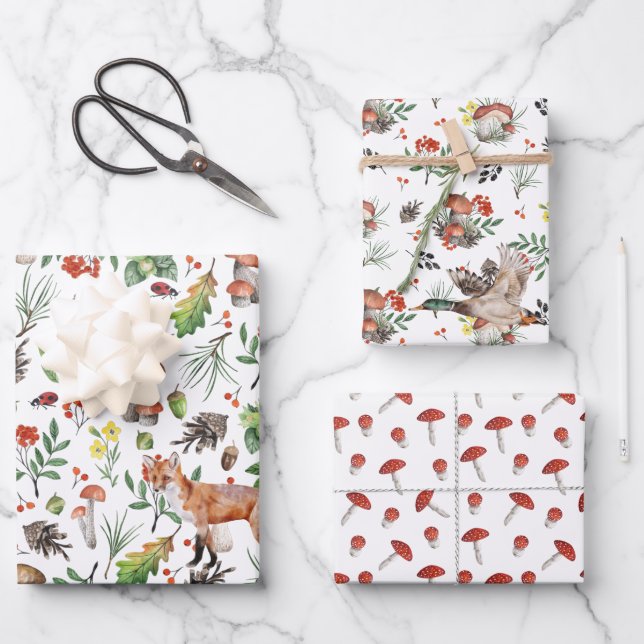 Autumn Woodland Wilderness Mushrooms | Three Pack Wrapping Paper Sheet (Front)
