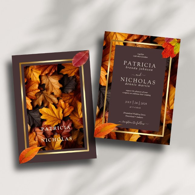 Autumn Woody Brown & Elegant Golden Frame Wedding Invitation (Creator Uploaded)