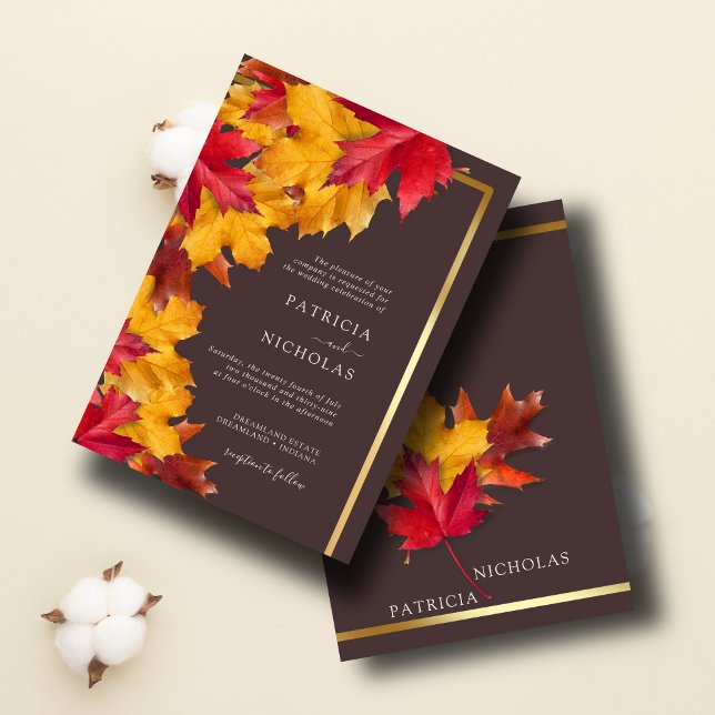 Autumn Woody Brown & Elegant Golden Frame Wedding Invitation (Creator Uploaded)