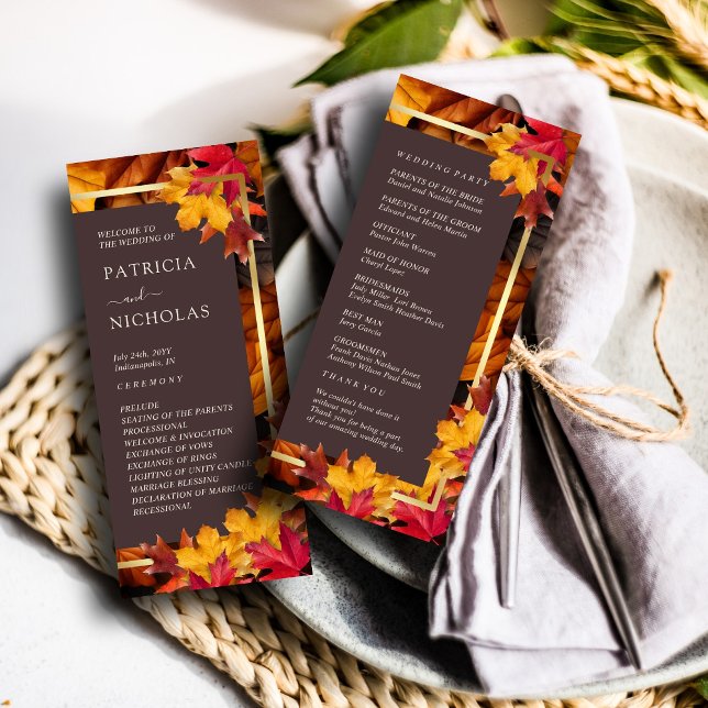 Autumn Woody Brown & Elegant Golden frame Wedding Program (Creator Uploaded)