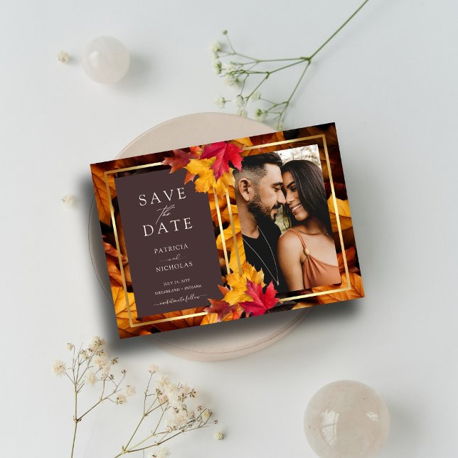 Autumn Woody Brown & Elegant Golden Frame Wedding Save The Date (Creator Uploaded)