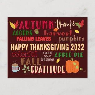 Autumn WordArt Happy Thanksgiving 2022 Brown Postcard