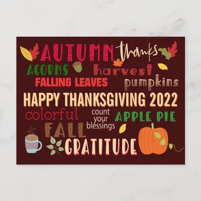 Autumn WordArt Happy Thanksgiving 2022 Brown Postcard (Front)