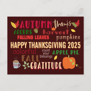 Autumn WordArt Happy Thanksgiving 2024 Brown Postcard