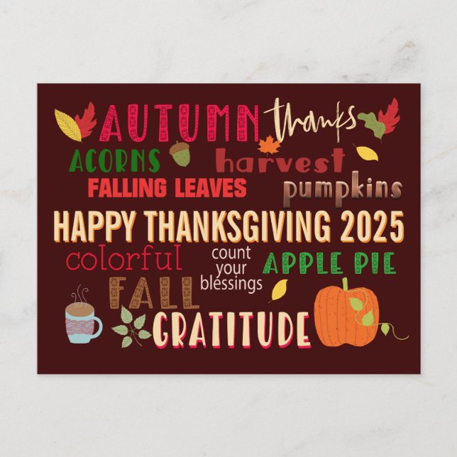 Autumn WordArt Happy Thanksgiving 2024 Brown Postcard (Front)