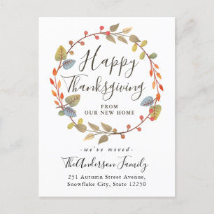 Autumn Wreath Happy Thanksgiving Holiday Moving Announcement Postcard