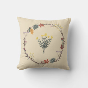 autumn wreath of leaves, branches and flowers cushion