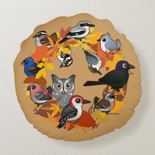 Autumn Wreath of North American Birds Round Cushion