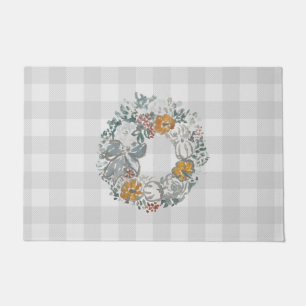 Autumn Wreath Painting Buffalo Check Pattern Grey Doormat