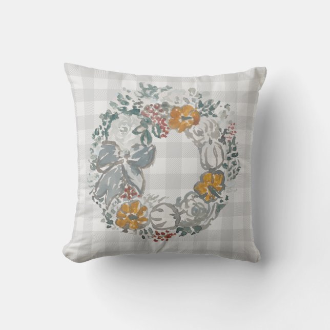 Autumn Wreath Painting Grey Check Pattern Cushion (Front)