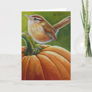Autumn Wren Bird on Orange Pumpkin Watercolor Art Card