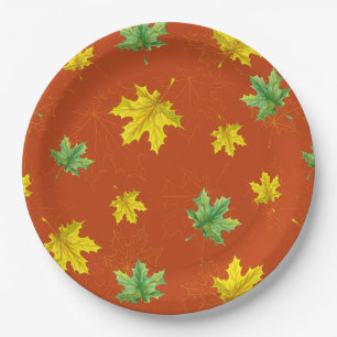 Autumn Yellow & Green Leaves Paper Plate