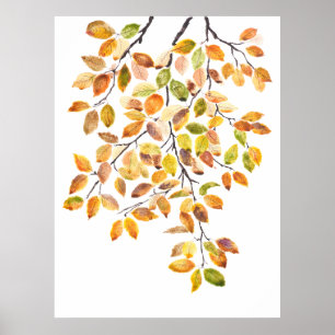 autumn yellow orange beech leaves watercolor poster