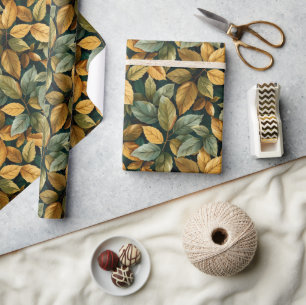 Autumn yellow orange green copper leaves wrapping paper