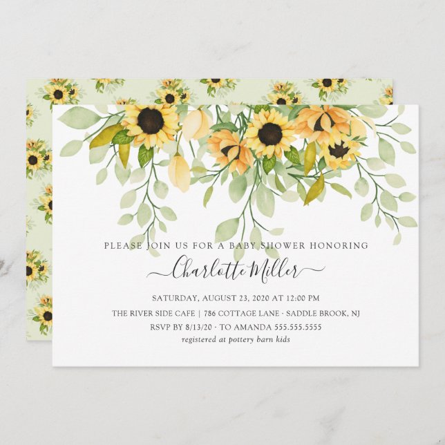 Autumn Yellow Sunflower Floral Baby Shower Invitation (Front/Back)