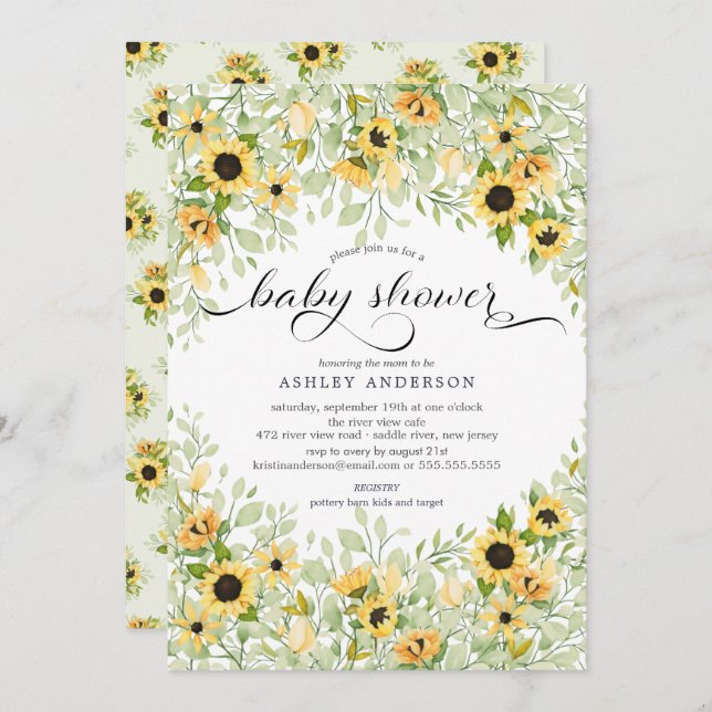 Autumn Yellow Sunflower Floral Baby Shower Invitation (Front/Back)