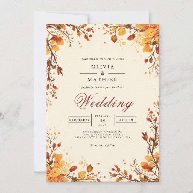 Autumnal Branch Flourish Wedding Invitation (Front)