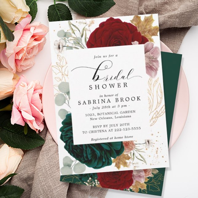 Autumnal Burgundy Emerald Greeny Bridal Shower  Invitation (Creator Uploaded)