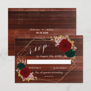 Autumnal Burgundy Wooden Emerald Greeny Floral RSVP Card