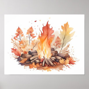 Autumnal Campfire Watercolor Poster
