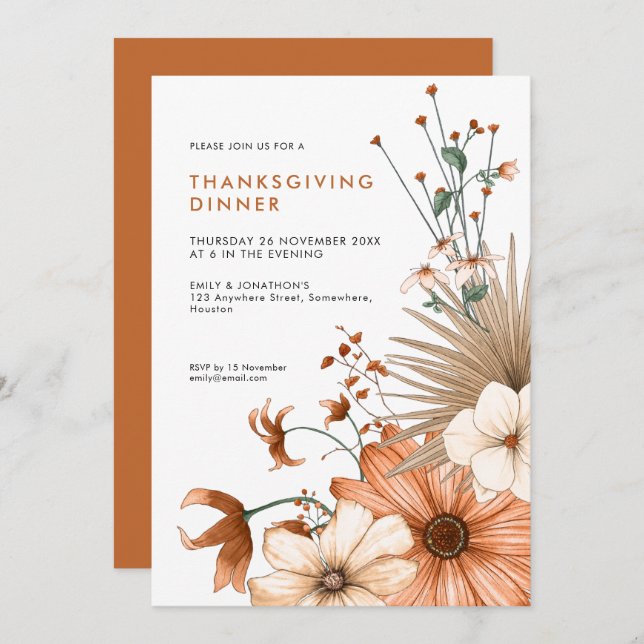 Autumnal Colours Floral Foliage Thanksgiving Dinne Invitation (Front/Back)