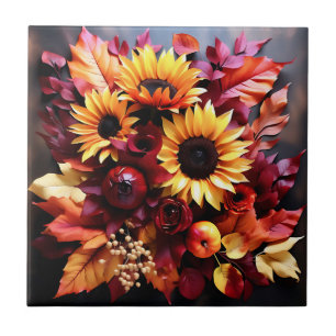 Autumnal Elegance Watercolor Leaves and Sunflowers Ceramic Tile