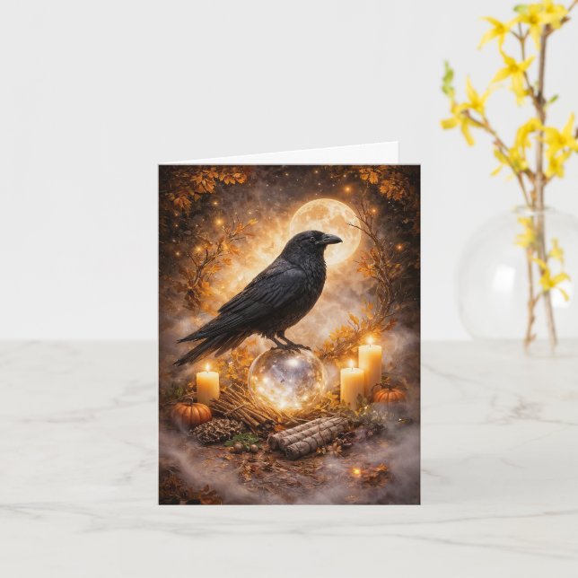Autumnal Fall Mystical Magical Raven Blank Card (Yellow Flower)
