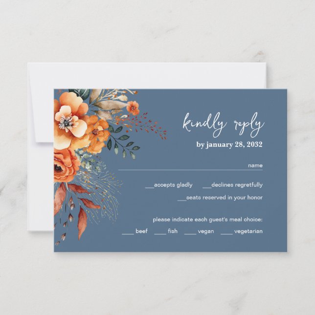 Autumnal Floral elegant wedding dusty blue RSVP Card (Front)
