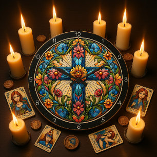 Autumnal Floral Stained Glass Cross Large Clock