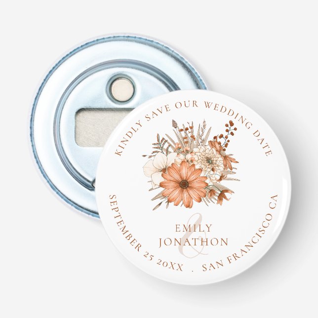 Autumnal Florals Keepsake Wedding Save The Date Bottle Opener (Front)