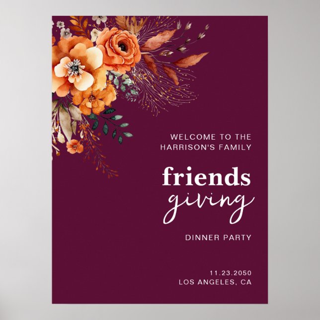 Autumnal flowers thanksgiving elegant burgundy poster (Front)