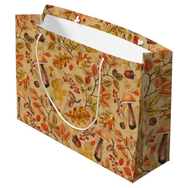 Autumnal forest on ochre large gift bag (Back Angled)