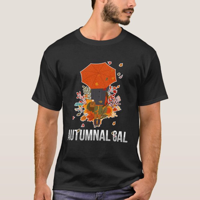Autumnal Gal Fall Girl with Umbrella T-Shirt (Front)