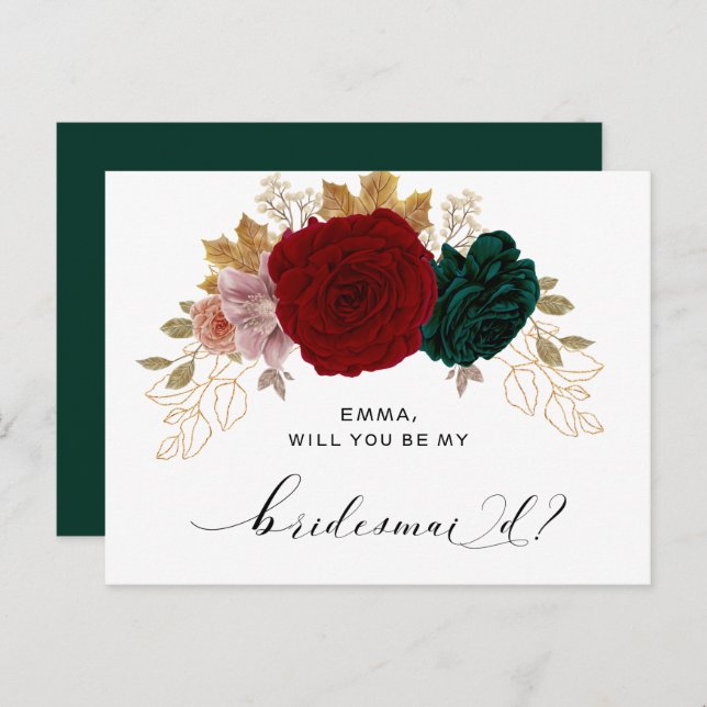 Autumnal Gold Burgundy Emerald Greeny Bridesmaid Postcard (Front/Back)