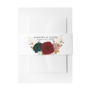 Autumnal Gold Burgundy Emerald Greeny Floral Invitation Belly Band