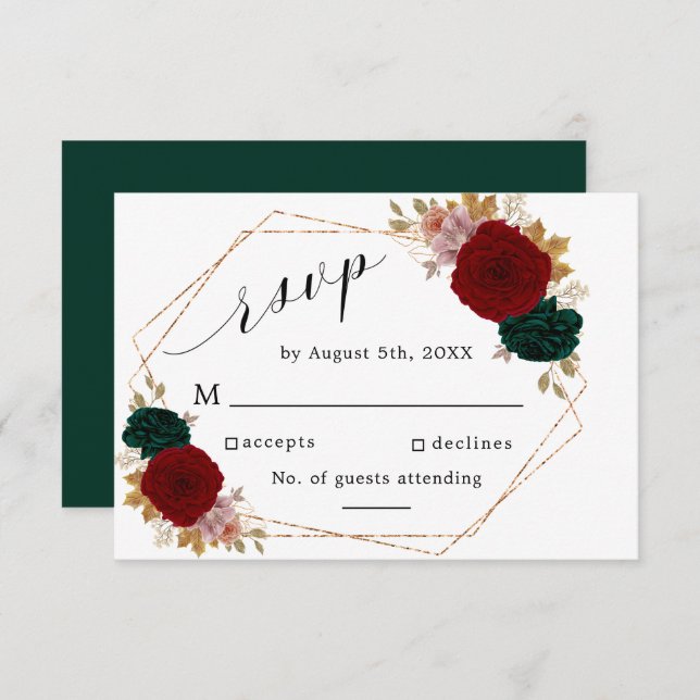 Autumnal Gold Burgundy Emerald Greeny Floral RSVP (Front/Back)