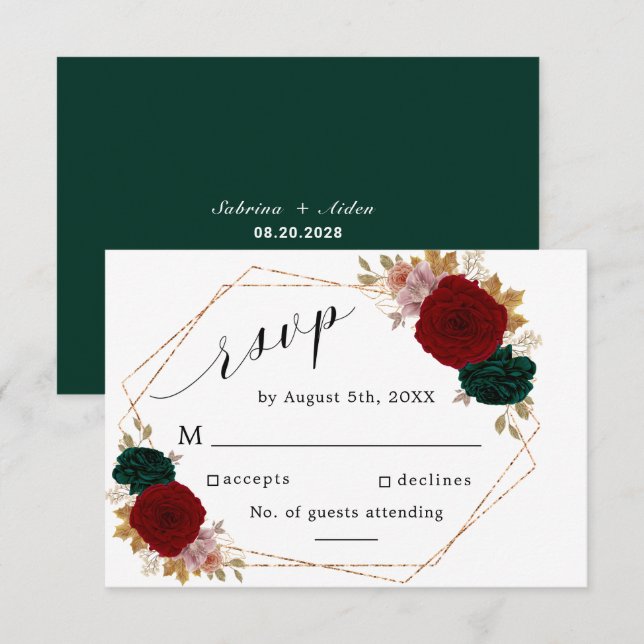 Autumnal Gold Burgundy Emerald Greeny Floral RSVP Card (Front/Back)