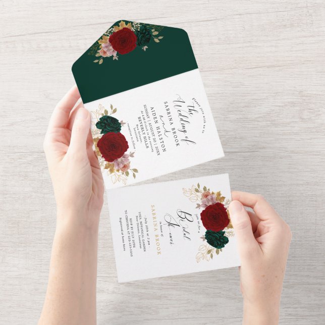 Autumnal Gold Burgundy Emerald Greeny Wedding All In One Invitation (Tearaway)
