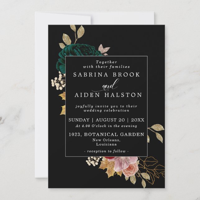  Autumnal Gold Burgundy Emerald Greeny Wedding Invitation (Front)