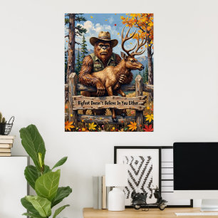 Autumnal Irony: Bigfoot's Woodland Observation Poster