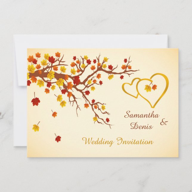 Autumnal maple leaves, hearts Wedding Invitation (Front)