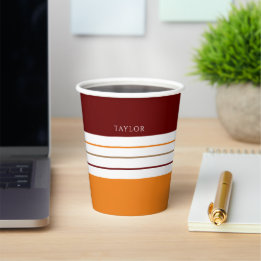 Autumnal Maroon Orange Stripes With Name Paper Cups