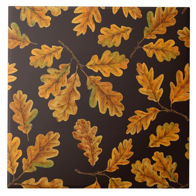 Autumnal oak leaves on dark brown ceramic tile (Front)