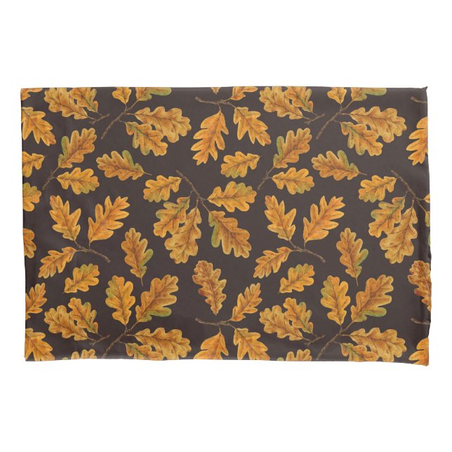 Autumnal oak leaves on dark brown pillowcase (Front-Left)