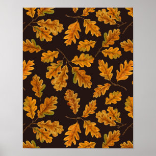 Autumnal oak leaves on dark brown poster