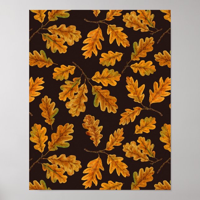 Autumnal oak leaves on dark brown poster (Front)
