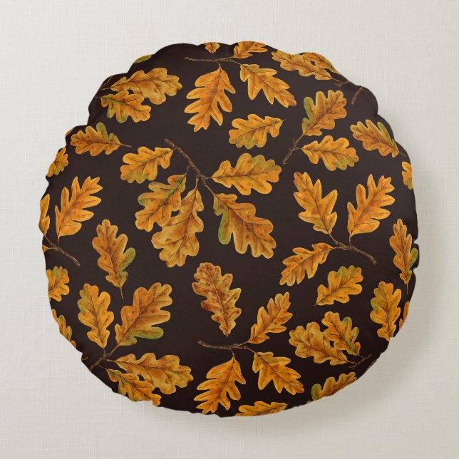 Autumnal oak leaves on dark brown round cushion (Front)