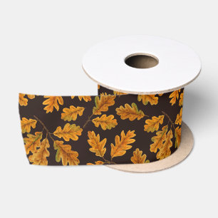 Autumnal oak leaves on dark brown satin ribbon