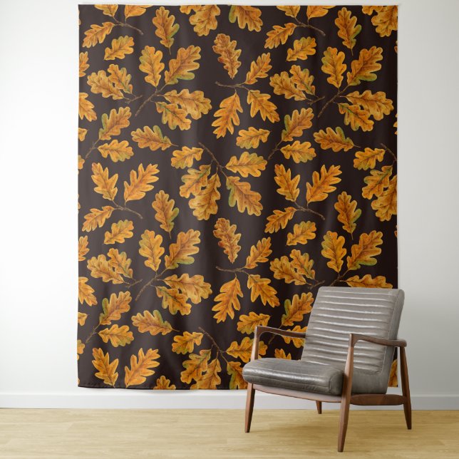 Autumnal oak leaves on dark brown tapestry (In Situ)