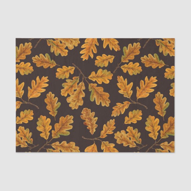 Autumnal oak leaves on dark brown tissue paper (Front)
